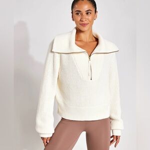 Varley Mentone Knit Half Zip Sweater, 100% Cotton, Boxy, Semi-Cropped, Cream, L
